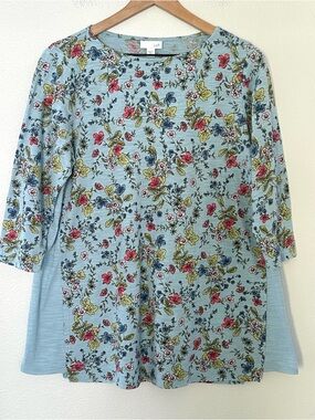 J Jill 100% Cotton Blue Floral  3/4 Sleeve Tunic Round Neck Lagenlook Classic